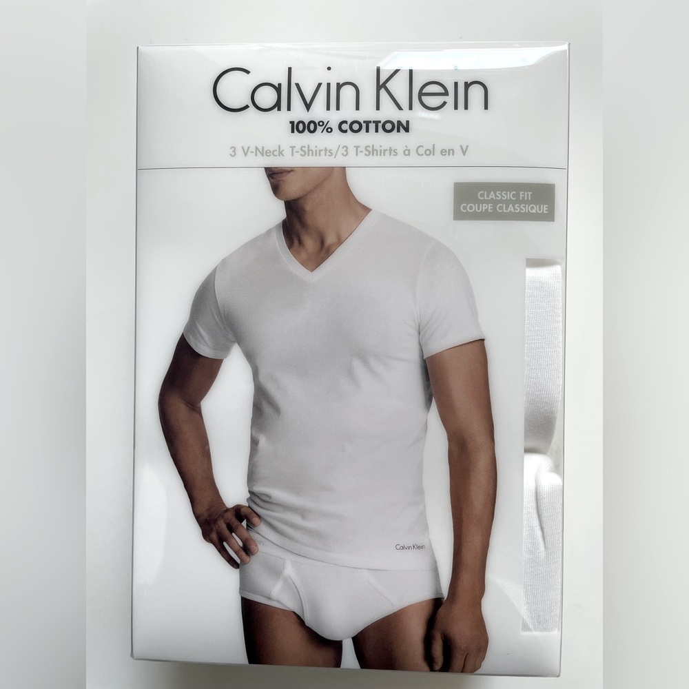 Calvin Klein White V-Neck Cotton T-Shirts Undershirts 3 Pack Large Classic Fit